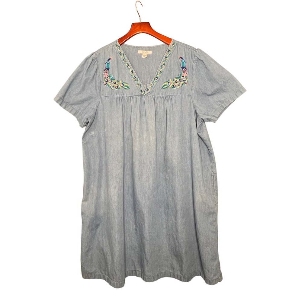 Go Softly Patio Womens XL Cotton Peacock Embroidered Muumuu Dress Pockets Flaw